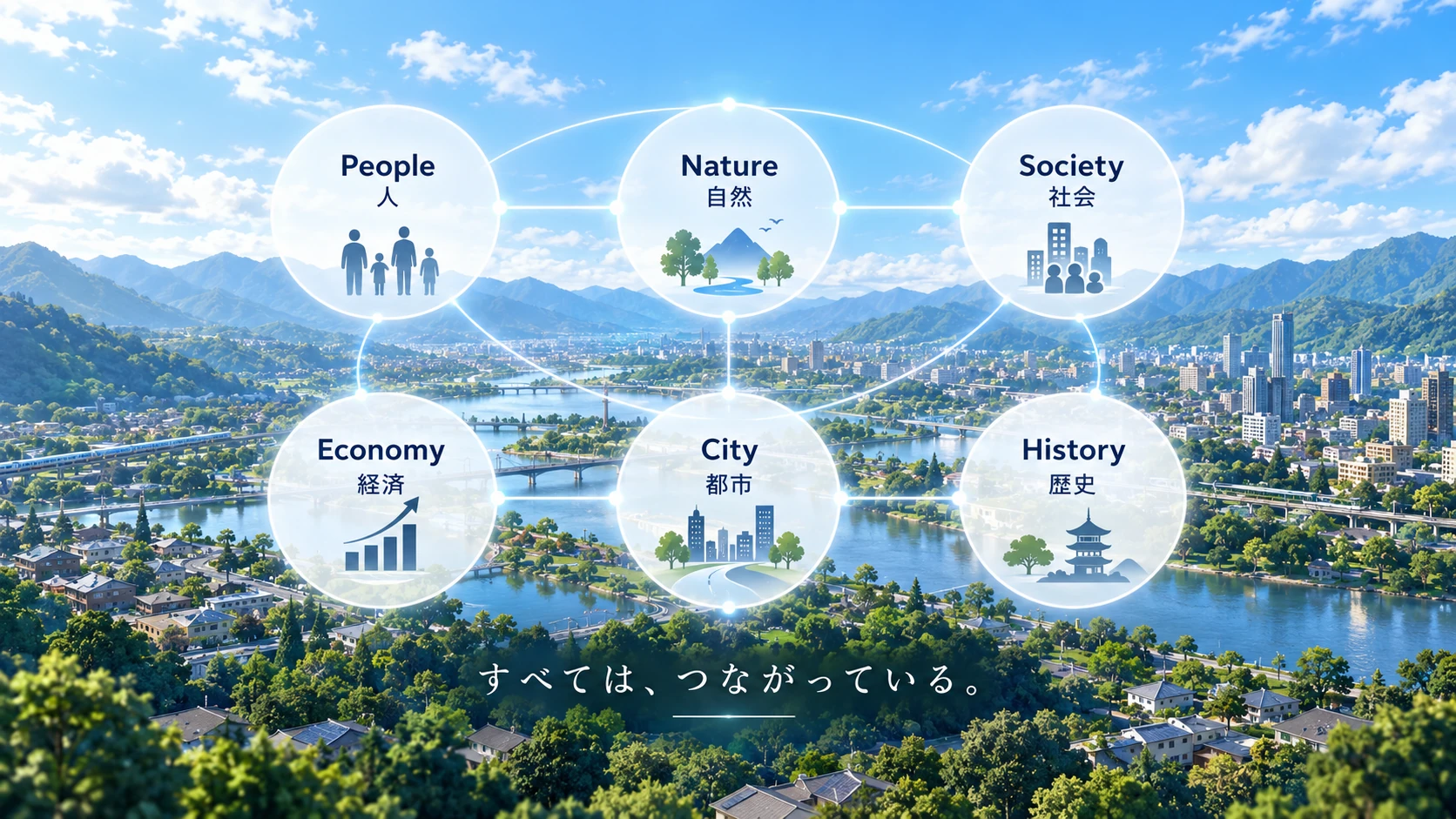 MachiVerse concept visual connecting nature, people, society, economy, cities, and history as one world state