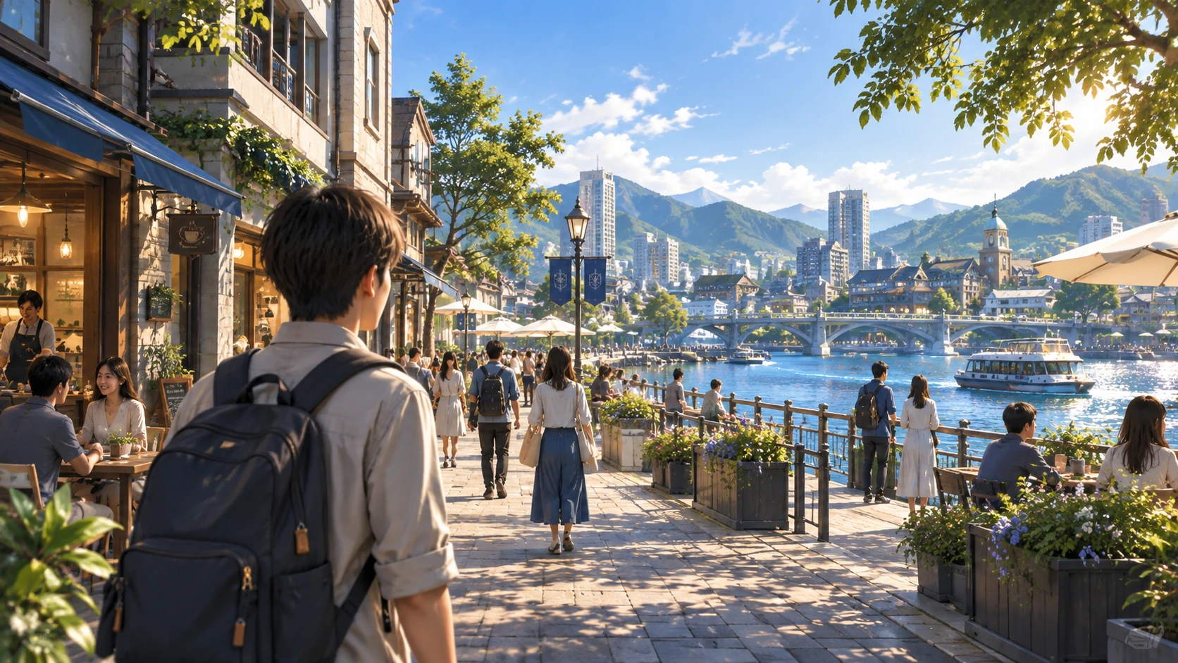 A resident walking through a waterfront city, suggesting the everyday perspective of a Diver